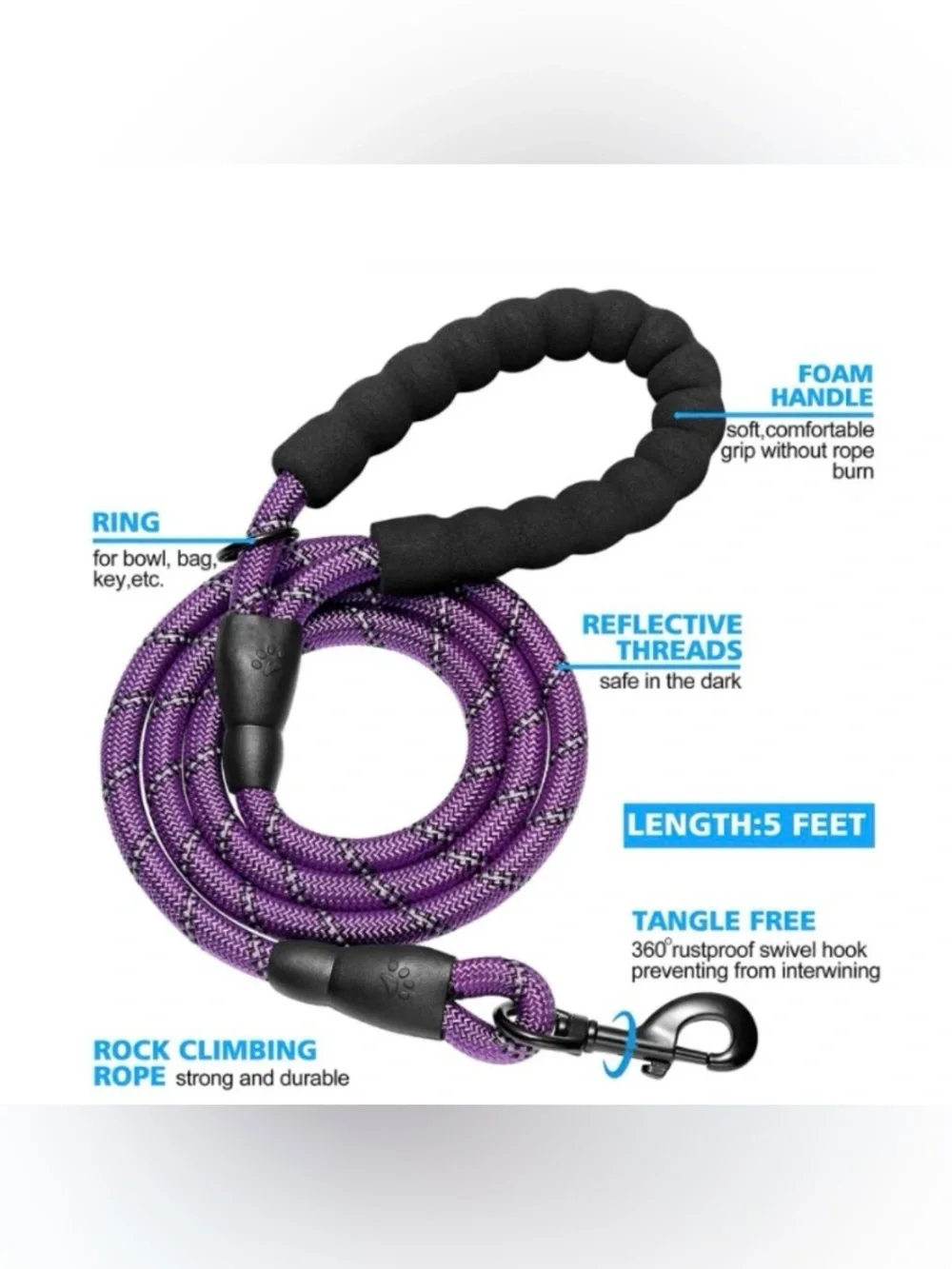Purple Reflective Braided Climbing Rope Dog Leash w/ Comfort Grip
